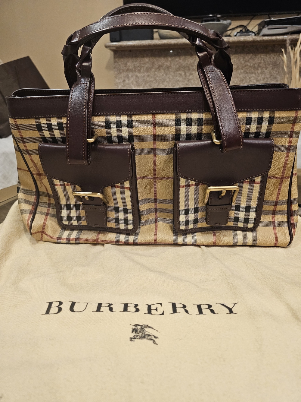 Burberry Haymarket Check Satchel,  distinct braided brown leather handles